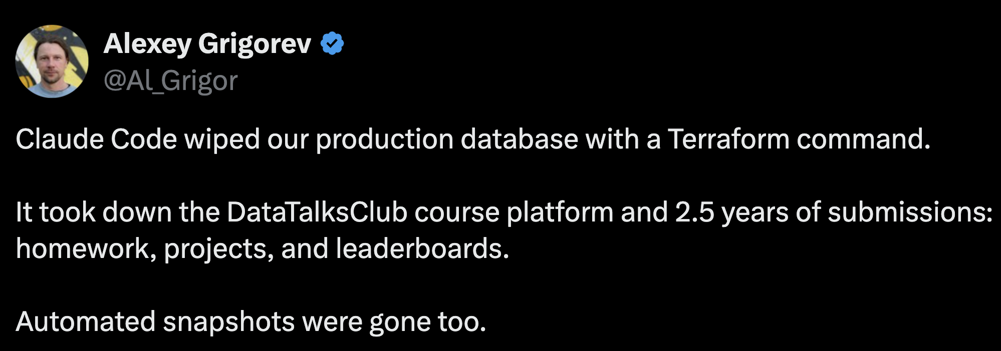 Screenshot of a post on x about Claude Code wiping database.