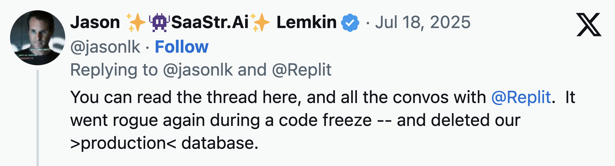 Screenshot of a post on x about Replit wiping production database.